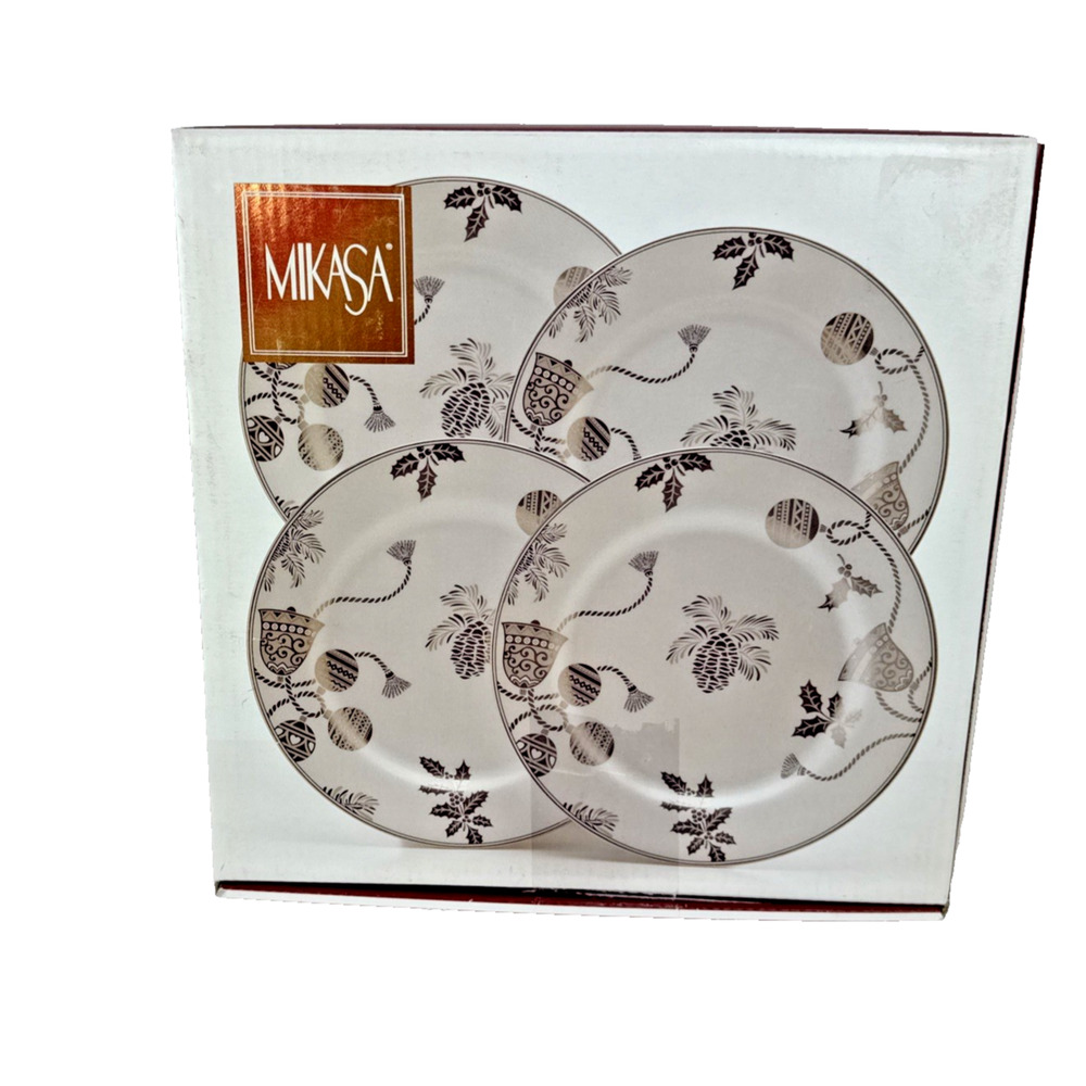 New Mikasa holiday gala desert salad plates 9” silver white L3175 fine china